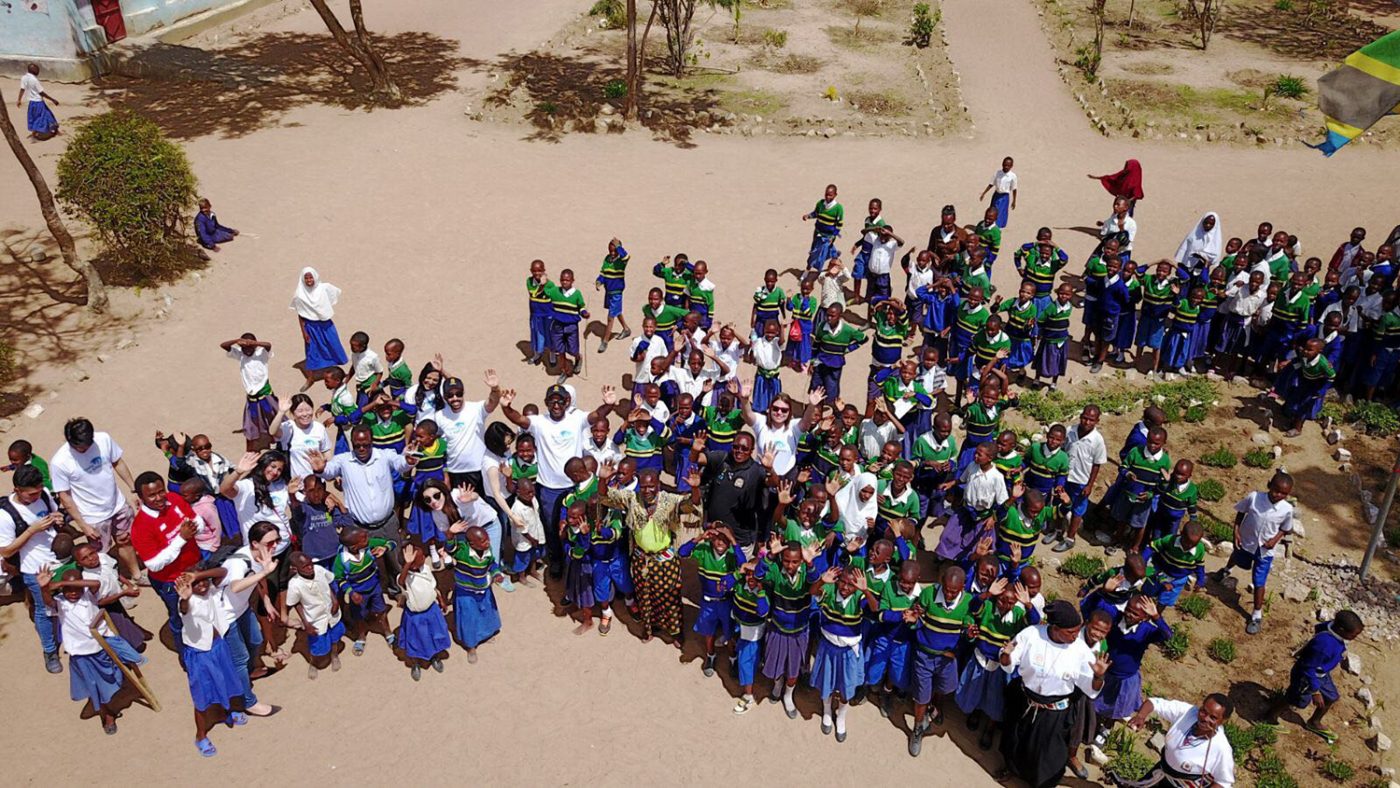 An aerial shot of children from the school.