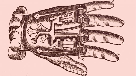 A diagram of Ambroise Pare's mechanical hand.
