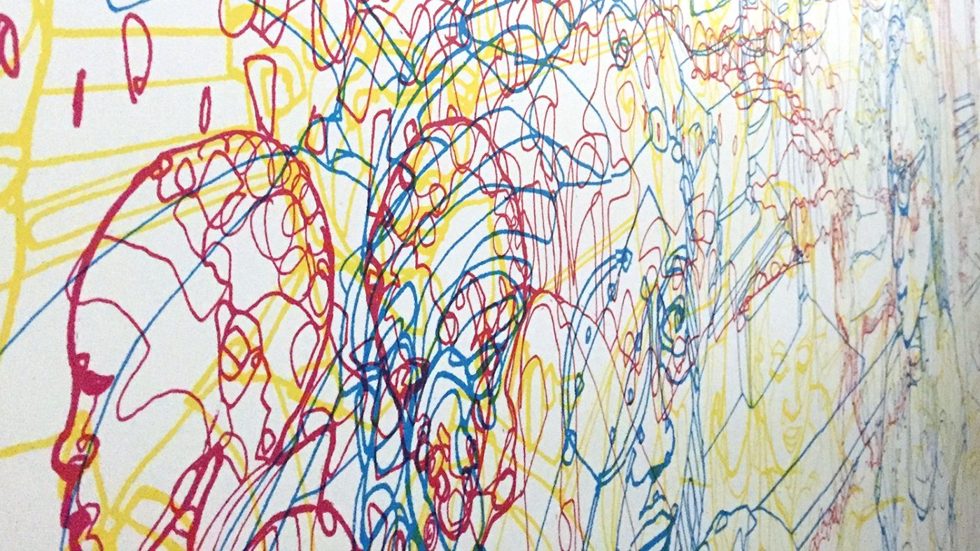 A close-up of the illustration in the colour room, showing a red, yello and blue line drawing.