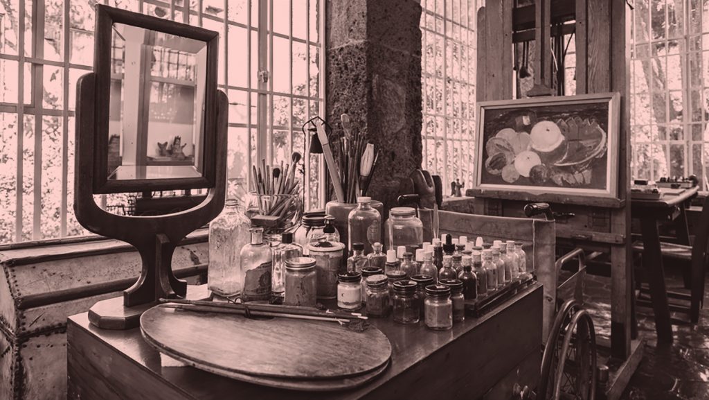 Frida Kahlo's studio, showing her painting tools and the mirror she used to paint self-portraits.