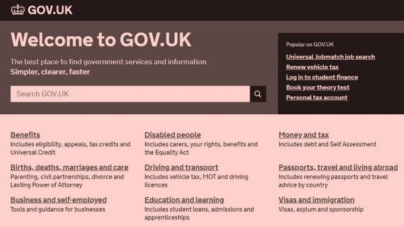A screengrab from the GOV.UK website homepage.