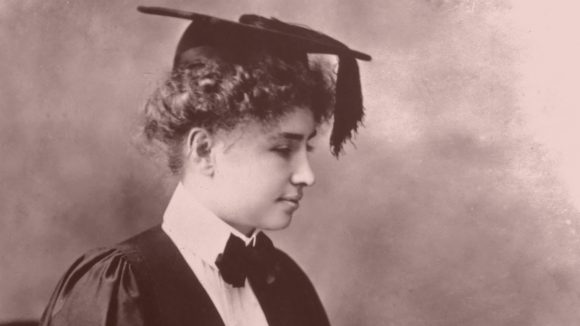 Helen Keller in her graduation gown.