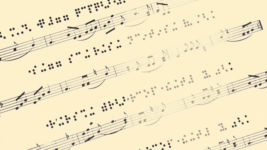 A sheet of music with Braille notation above it.