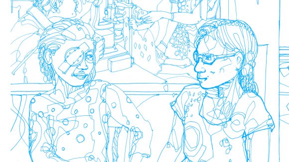 A blue illustration showing a girl with an eye patch following her operation.