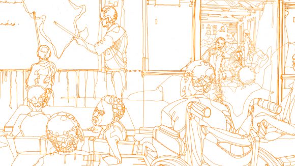 A yellow illustration showing a boy in a wheelchair at school.