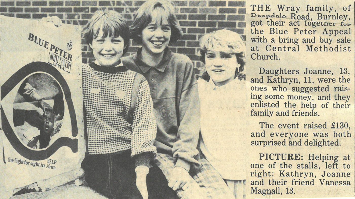 A newspaper clipping from 1986, which begins with the text: 'The Wray family, from Deepdale Road, Burnley, got their act together for the Blue Peter Appeal with a bring and buy sale at Central Methodist Church.'