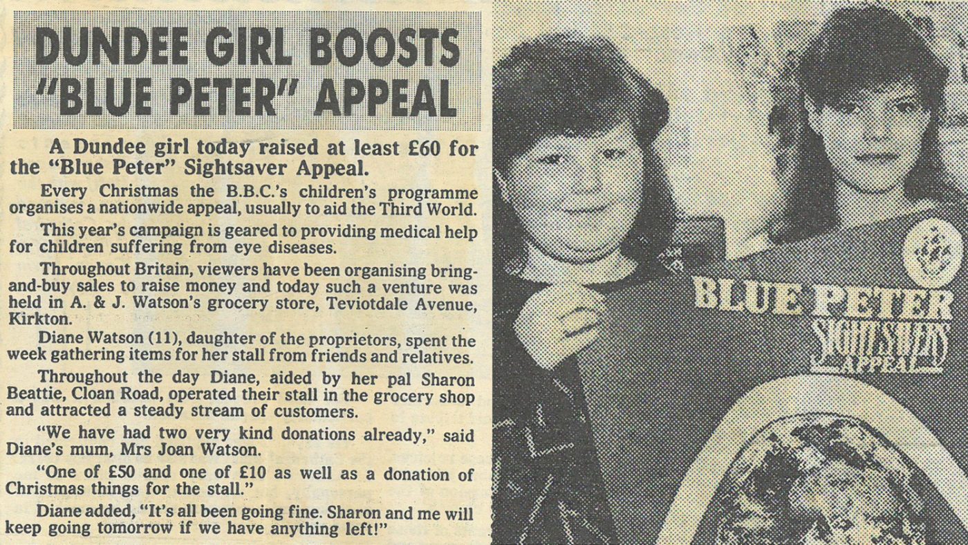 Newspaper clipping from 1986, which starts with the text: 'A Dundee girl today raised at least £60 for the Blue Peter Sightsaver Appeal.'