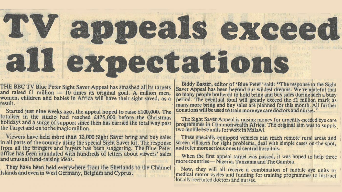 Newspaper clipping from 1986 with the text: 'TV appeals exceed all expectations: The BBC TV Blue Peter Sight Saver appeal has smashed all its targets and raised £1 million - 10 times its original goal.'