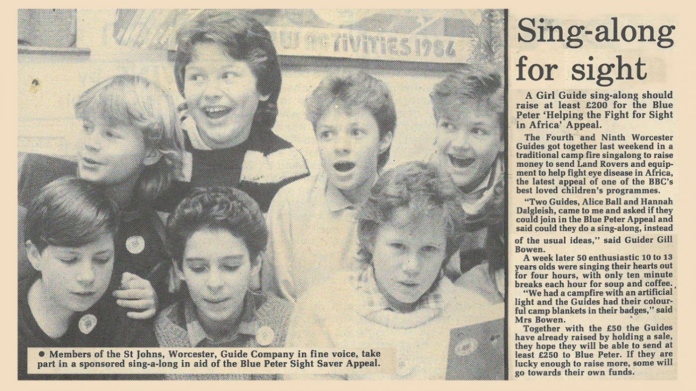 Newspaper clipping from 1986 with the text: 'Sing-along for sight: A Girl Guide sing-along should raise at least £200 for the Blue Peter Appeal.'