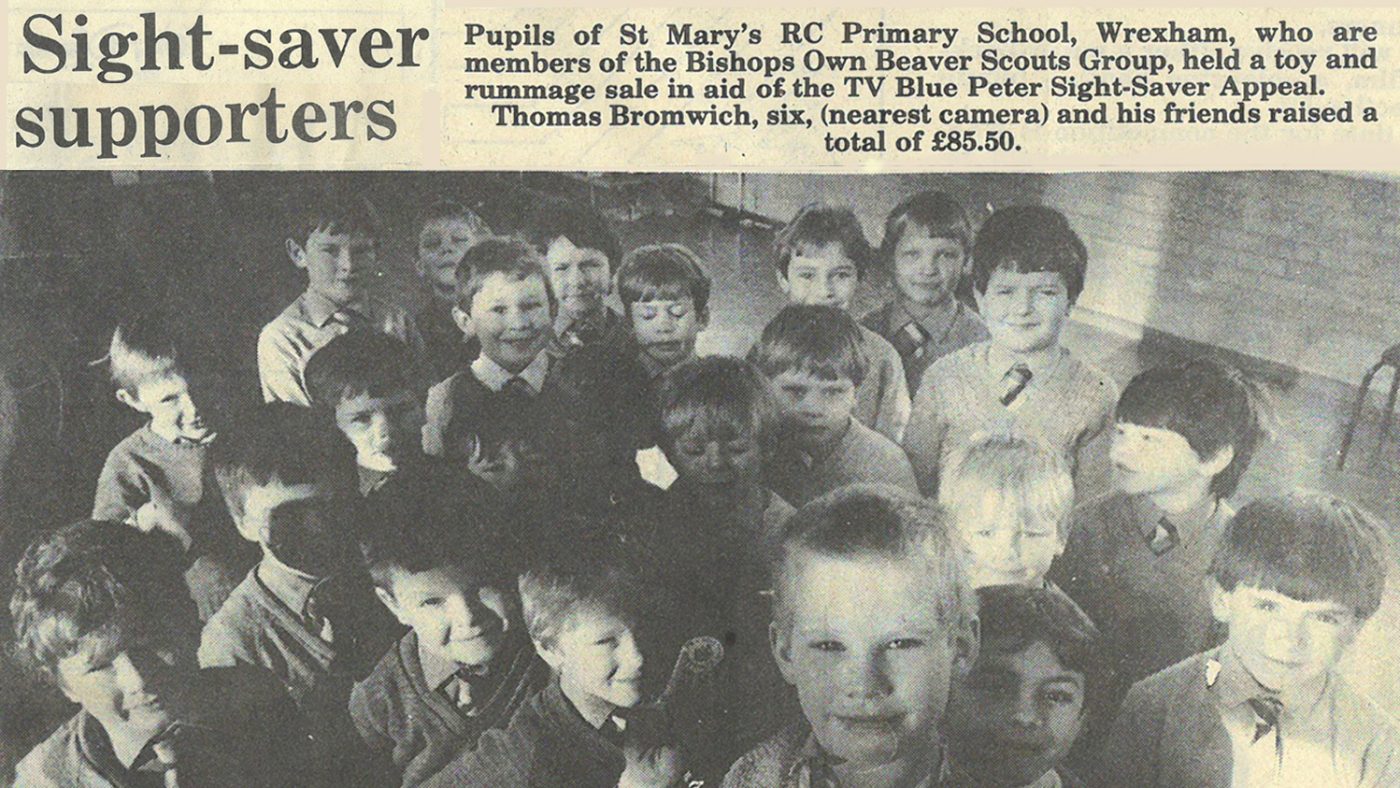 News clipping from 1986 that starts with the text: 'Sight saver supporters: pupils of St Mary's RC Primary School, Wrexham, held a toy and rummage sale in aid of the TV Blue Peter Sight-Saver Appeal.