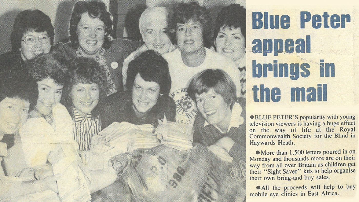 Newspaper clipping from 1986, starting with the text: 'Blue Peter's popularity with young TV viewers is having a huge effect on the way of life at the Royal Commonwealth Society for the Blind in Haywards Heath.'