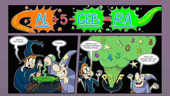 A comic book page with the words 'Al-ge-bra' at the top.