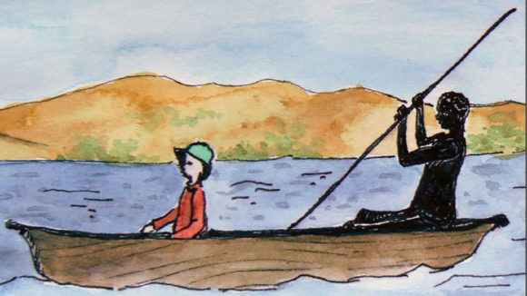 An illustration of a man and boy with albinism in a canoe.