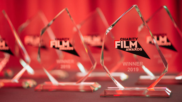 A close-up of the awards, featuring the logo.