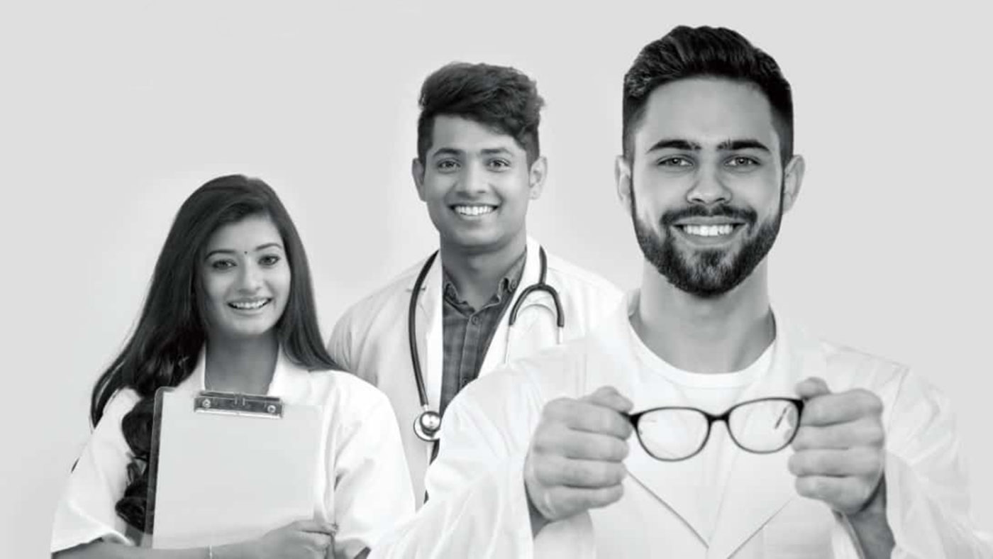 Three young ophthalmologists in a promotional image for the fellowship programme.