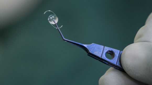 A close-up of the plastic lens that's implanted into the eye during a cataract operation.