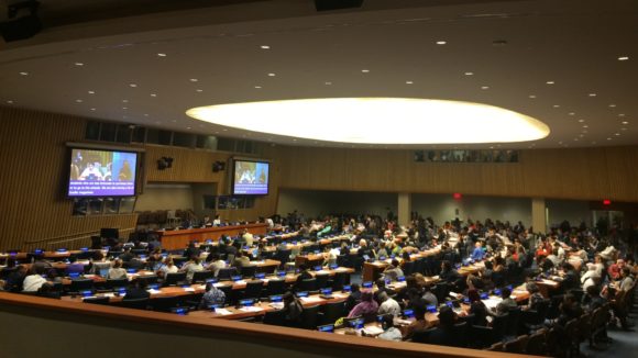 A busy conference chamber at the United Nations.