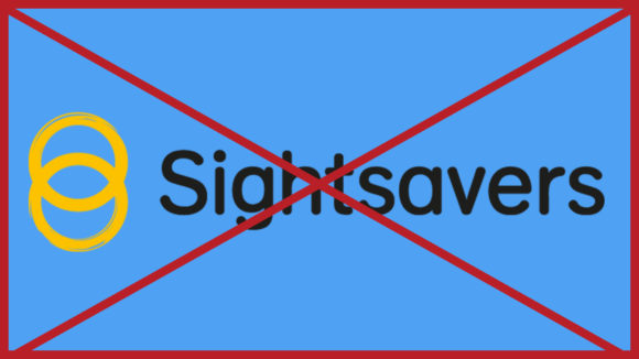 A Sightsavers logo on a pale blue background. The image has a red cross through it to indicate it is incorrect.