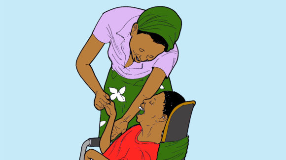 Example of a hand-drawn illustration, showing a caregiver assisting a boy in a wheelchair.