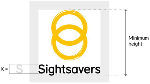 Diagram showing the clear zone and minimum height of the Sightsavers logo.