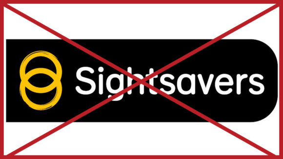 A Sightsavers logo with a black rounded background. The image has a red cross through it to indicate it is incorrect.