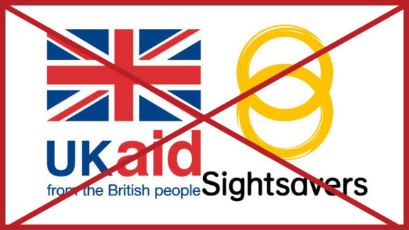 A Sightsavers logo with a UK Aid logo positioned very close to it. The image has a red cross through it to indicate it is incorrect.