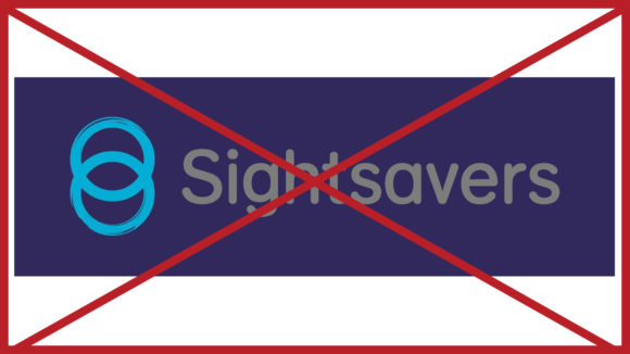 A light grey Sightsavers logo with blue rings on a blueberry-coloured background. The image has a red cross through it to indicate it is incorrect.