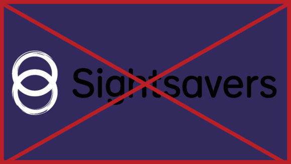 A black Sightsavers logo on a dark blueberry background: the logo is hard to see. The image has a red cross through it to indicate it is incorrect.