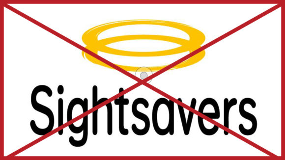 A Sightsavers logo that has been stretched horizontally so it appears distorted. The image has a red cross through it to indicate it is incorrect.