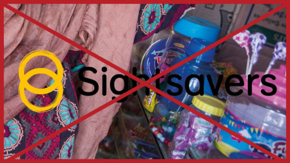 A Sightsavers logo positioned over a photo: the logo is very hard to see. The image has a red cross through it to indicate it is incorrect.