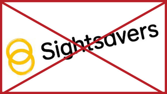 A Sightsavers logo that has been rotated to a 45-degree angle. The image has a red cross through it to indicate it is incorrect.