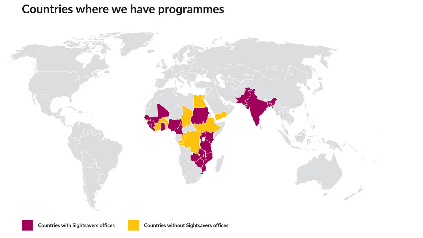 An example of a Sightsavers map, with the text 'Countries where we have programmes', 'Countries with Sightsavers offices' and 'Countries without Sightsavers offices'.