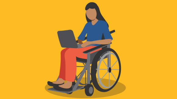 Example of a modern illustration, showing a woman in a wheelchair using a laptop.