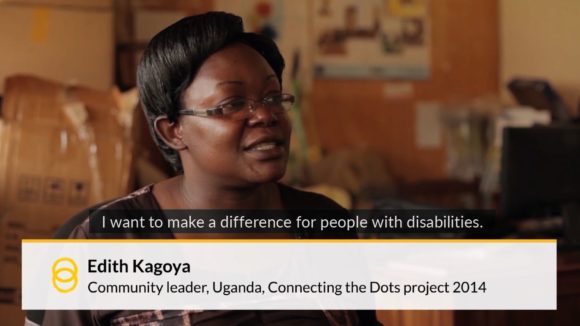 An example of a video lower third, with text at the bottom of the screen reading 'Edith Kagoya, community leader, Uganda Connecting the Dots project 2014'.