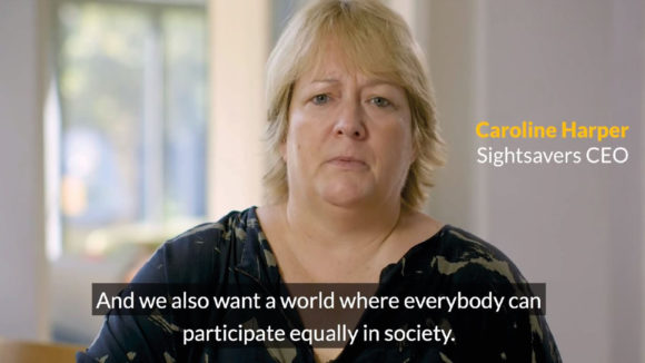 Example of someone's name and job title being included on a video, featuring the wording 'Caroline Harper, Sightsavers CEO'.