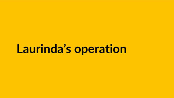An example of a video title slide, featuring the text 'Laurinda's operation' on a yellow background.