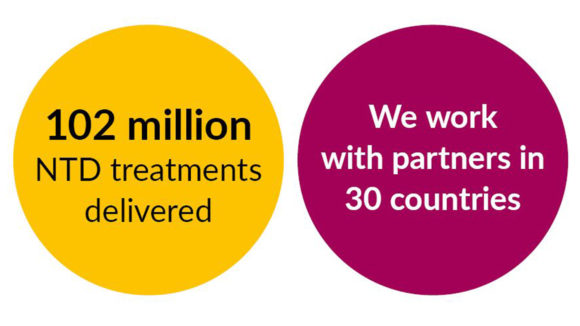 Examples of callout circles. The first yellow circle contains the text '102 million NTD treatments delivered'. The second raspberry circle contains the text 'We work with partners in 30 countries'.