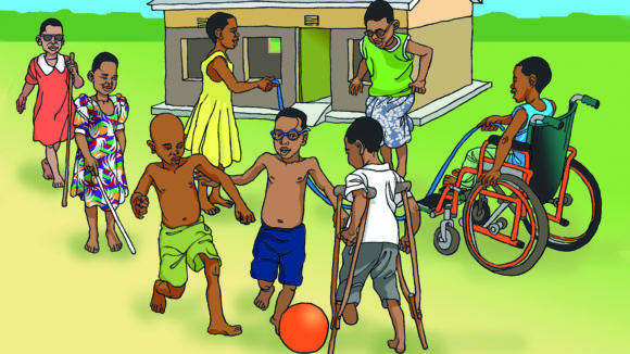 Illustration of children with disabilities playing outside of a prre-school in Malawi.