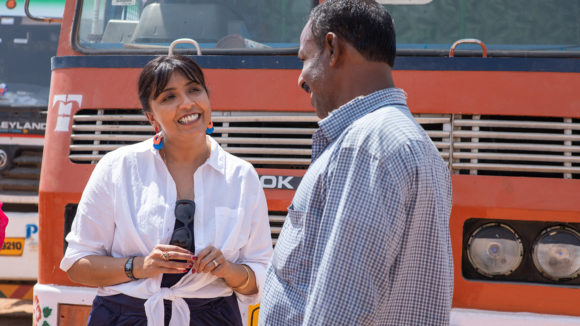 Actress Sunetra Sarker speaks to a truck driver.