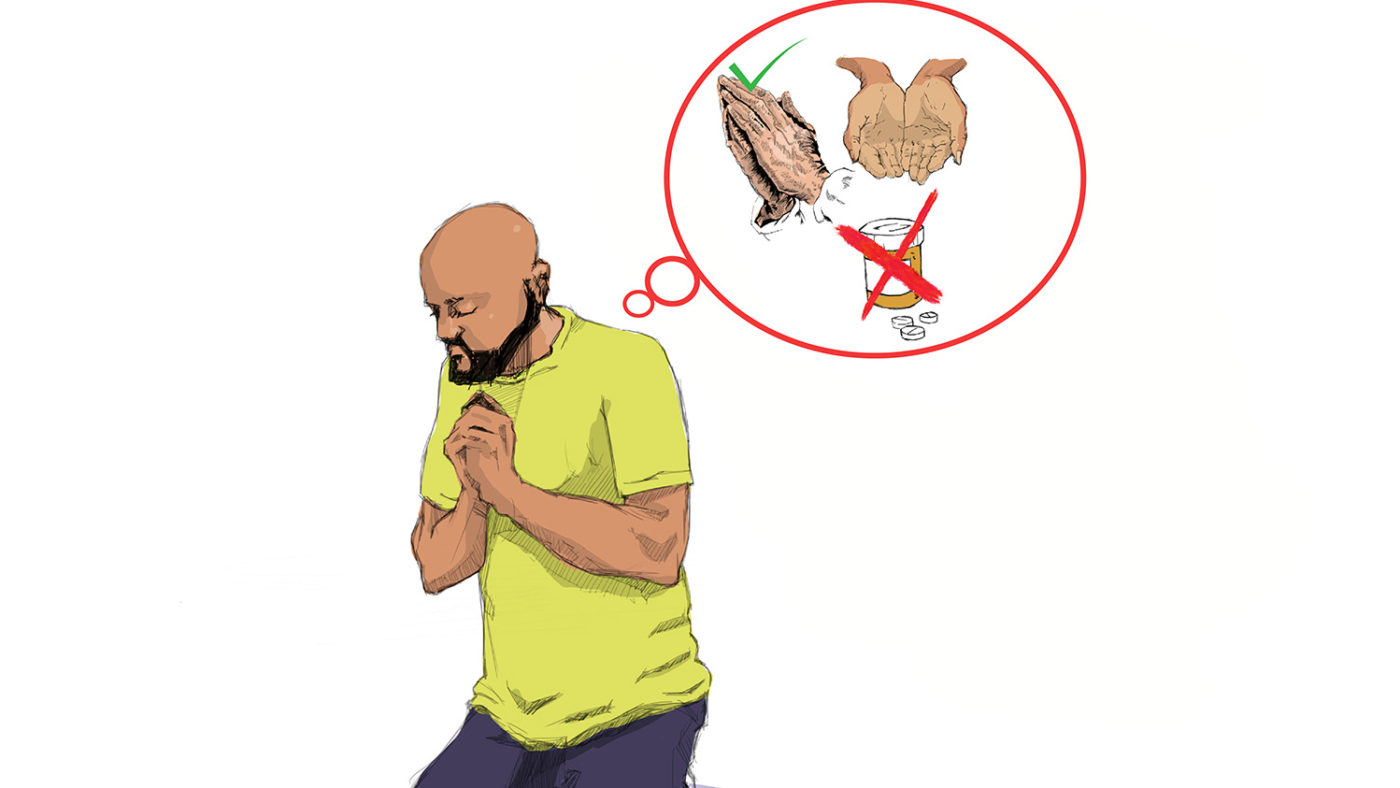 An illustration of a man praying. A thought bubble appears above his head showing a pot of medication crossed out, and hands praying with a tick next to it.