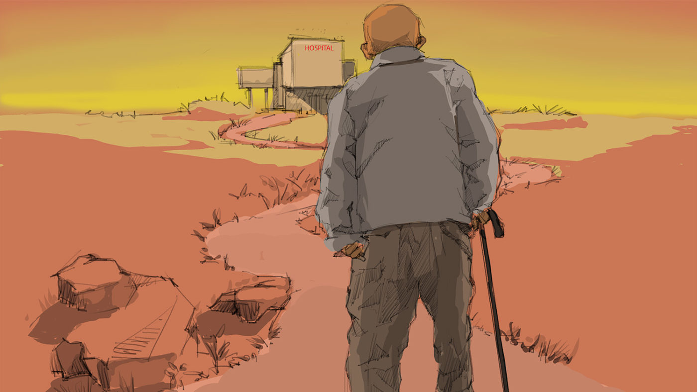 An illustration showing an elderly man with a walking stick trying to reach a hospital at the end of a long road.