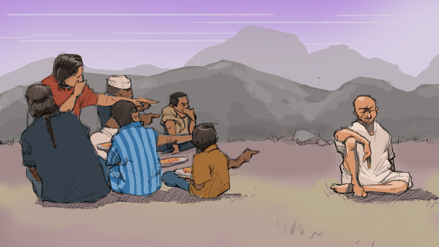 An illustration of a group of people pointing at a man.