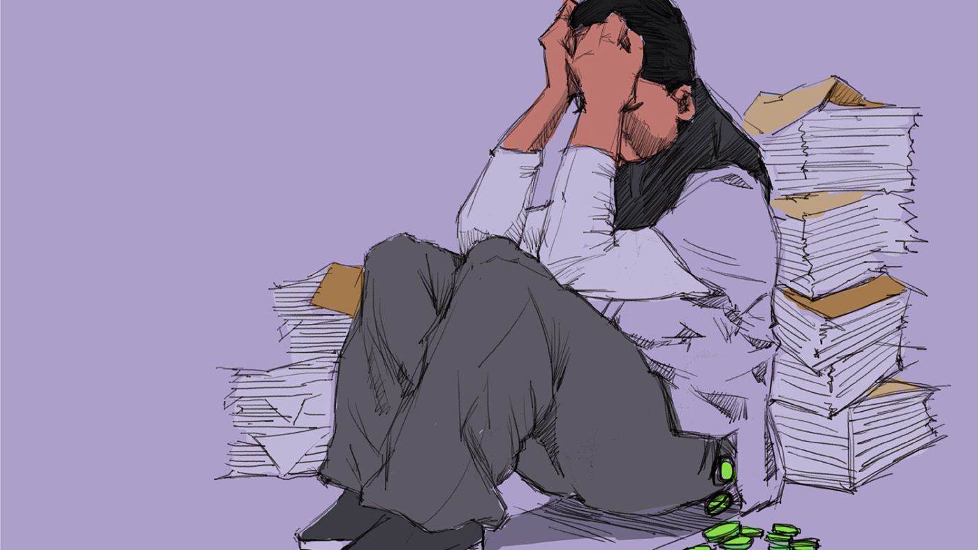 An illustration of a woman crying. Coins are falling out of her pocket.
