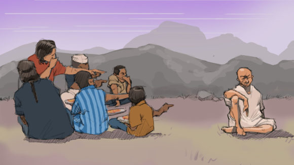 A group of people sit pointing and staring at a man who sits alone.
