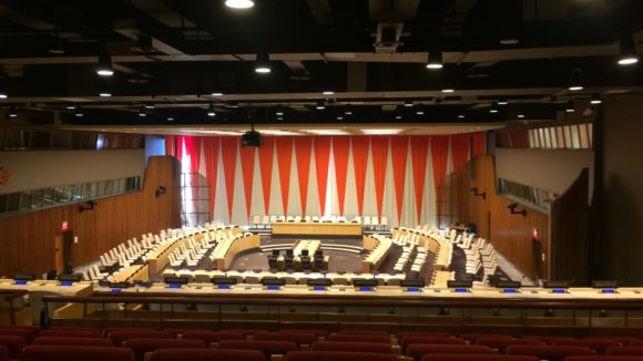 An empty debating chamber at the United Nations in New York.
