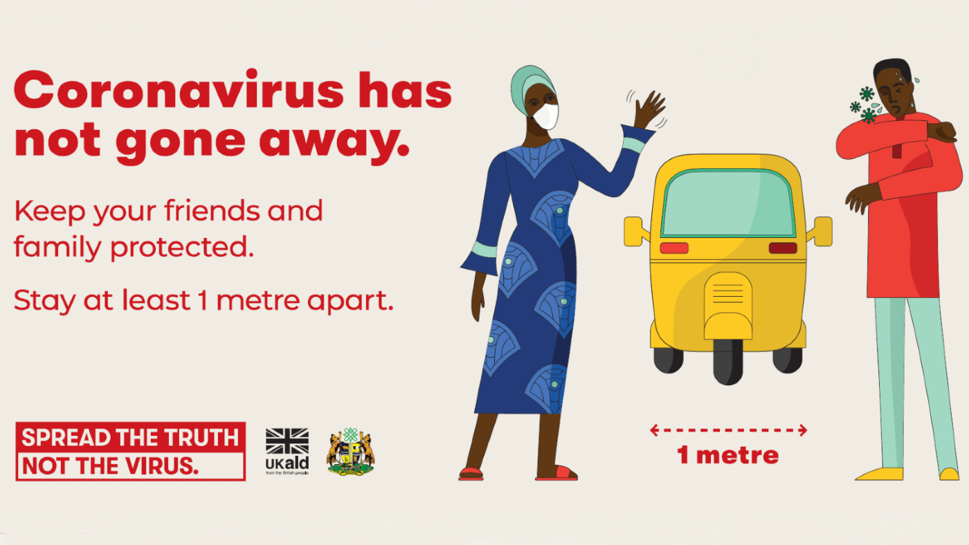 A poster saying 'Coronavirus has not gone away. Keep your friends and family protected. Stay at least 1 metre apart'. There are illustrations of a man and woman with a vehicle separating them, illustrating one metre.