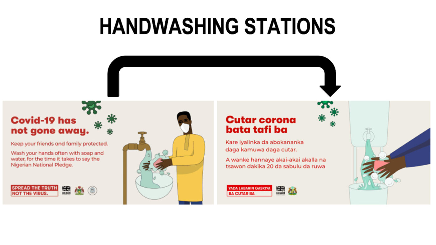 Images of two different posters showcasing hand washing to protect from COVID.