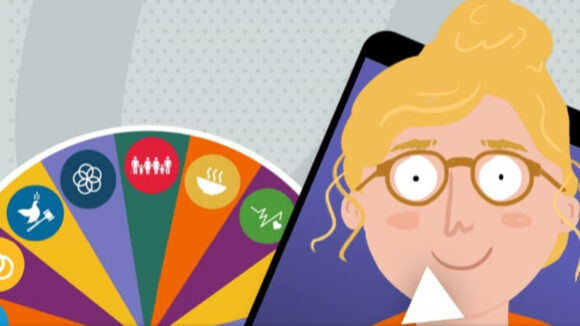 An illustration from the Put Us in the Picture website, featuring a woman with blonde hair wearing glasses next t a colourful wheel of fortune.