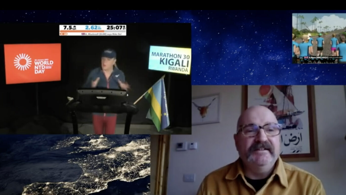 Sightsavers' Simon Bush joins Eddie Izzard for a virtual chat while she runs a marathon on a treadmill.