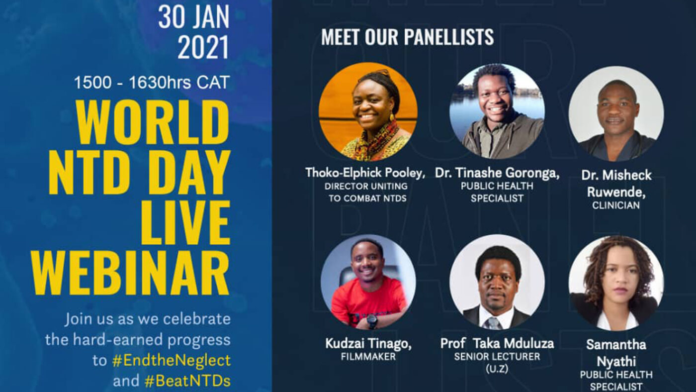 A poster invite for a World NTD Day webinar in Zimbabwe.